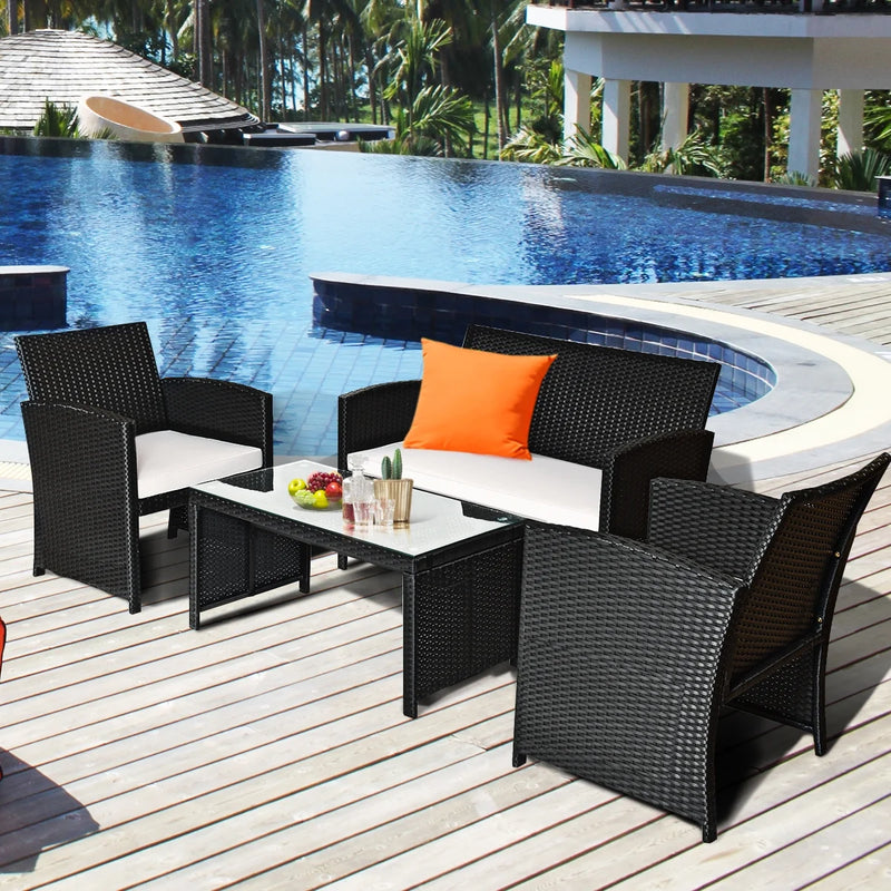 4PCS Patio Rattan Furniture Set Table &Sofa W/Cushion Garden Black