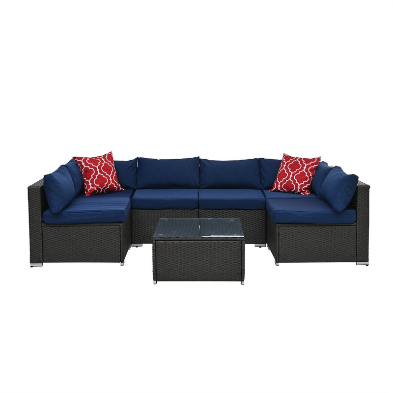 7 Piece Patio Furniture Sets Outdoor Sectional PE Rattan Outdoor Furniture Patio Conversation Set with Cushions and Glass Coffee Table, for Balcony Lawn and Garden, Gray