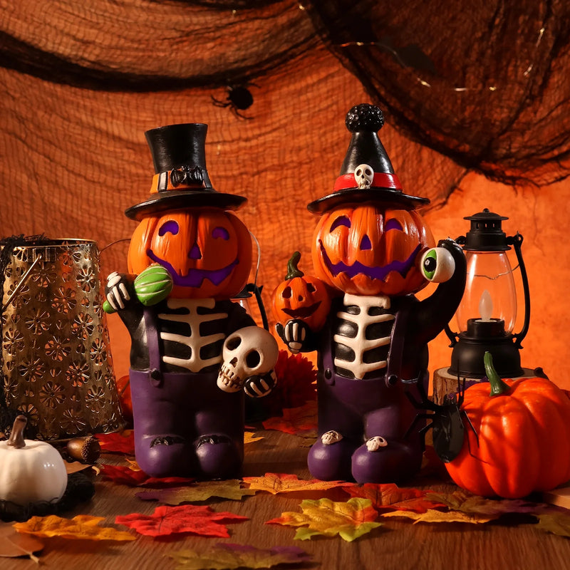Spook Up Your Space with These Light-Up Pumpkin Skeleton Figurines - Perfect for Halloween! 🎃💀✨