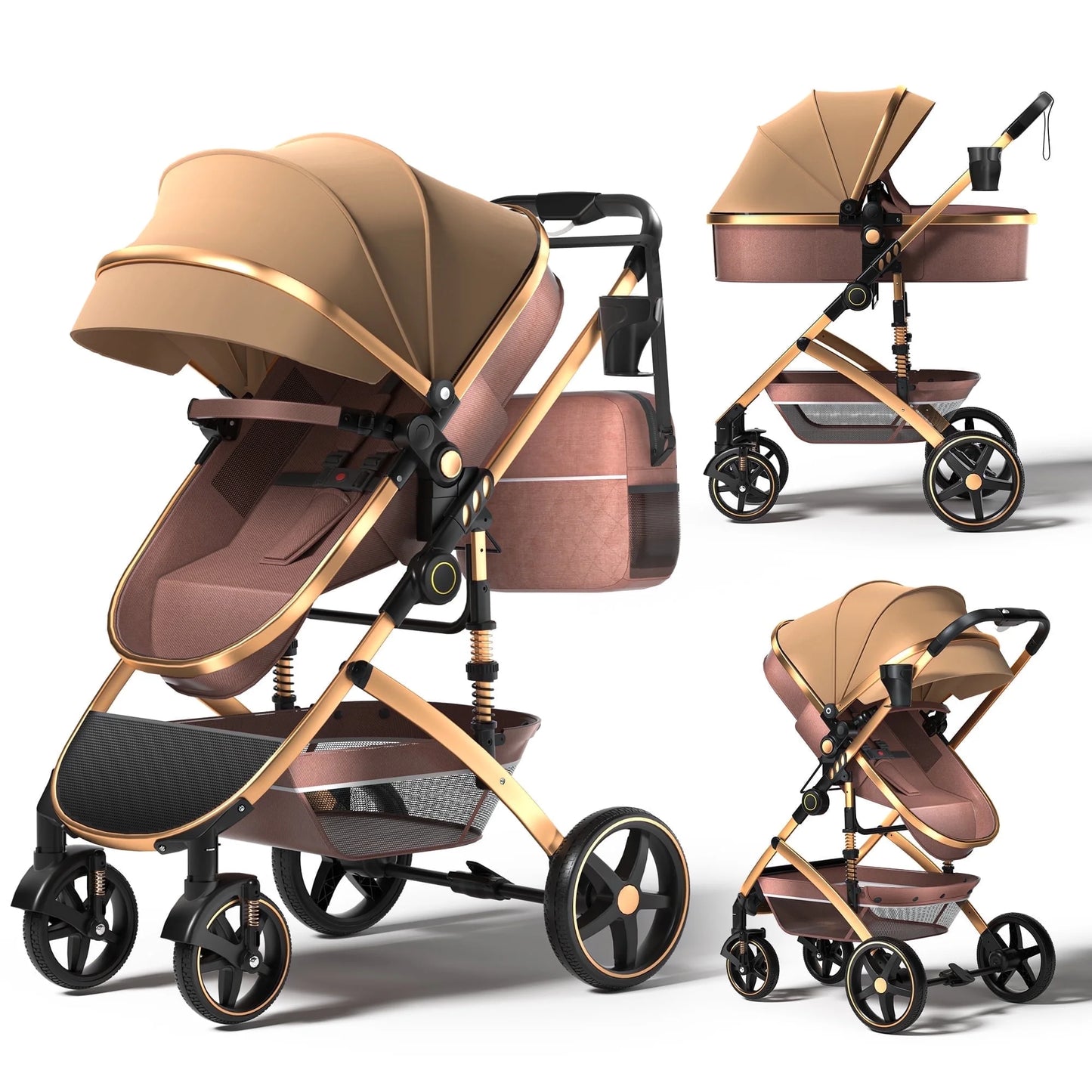Versatile 2-in-1 Baby Stroller: Lightweight, Foldable, and Reversible Bassinet Pram in Brown with Cup Holder and Storage Bag