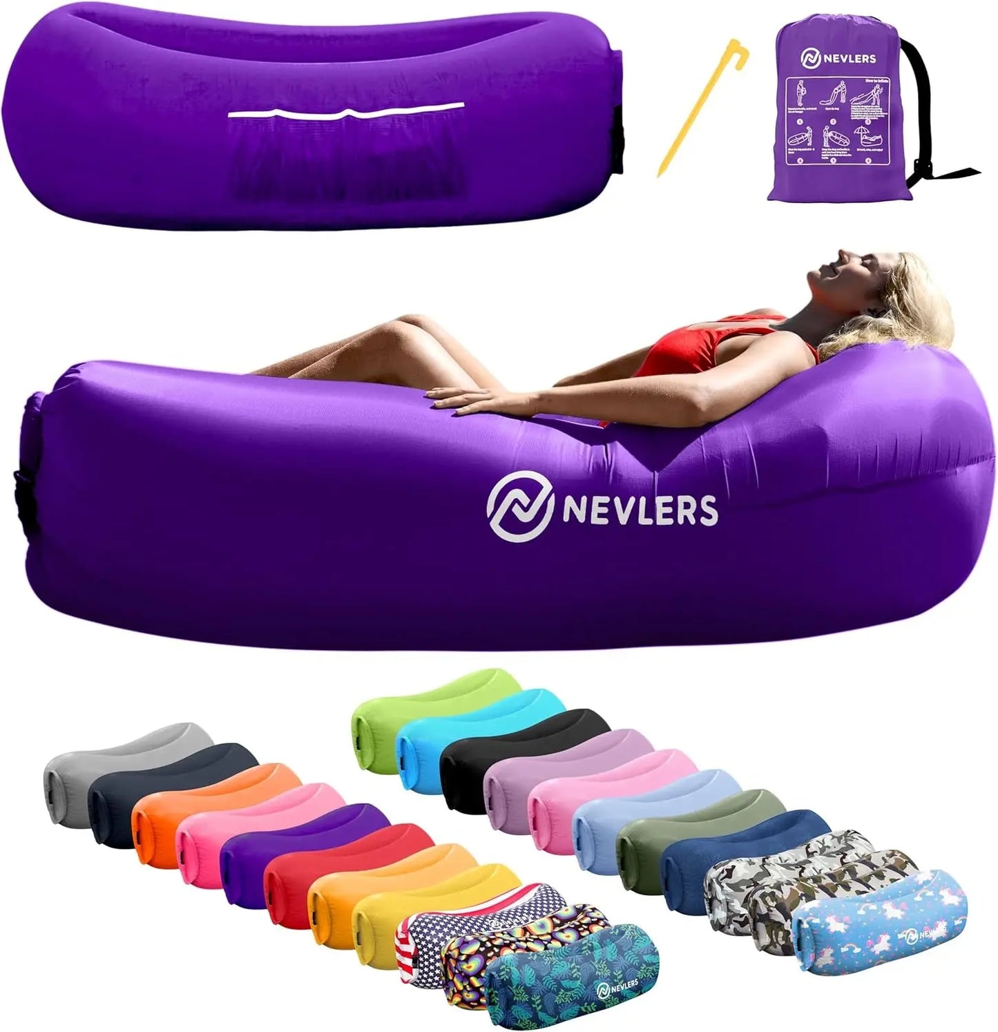 Inflatable Lounger | 210T Polyester Inflatable Chair | No-Pump Blow up Couch | Camping Couch Air Sofa Bed W/ 450 Lbs. Cap., Pockets & Matching Bag | Use as Inflatable Couch for Adults & Kids