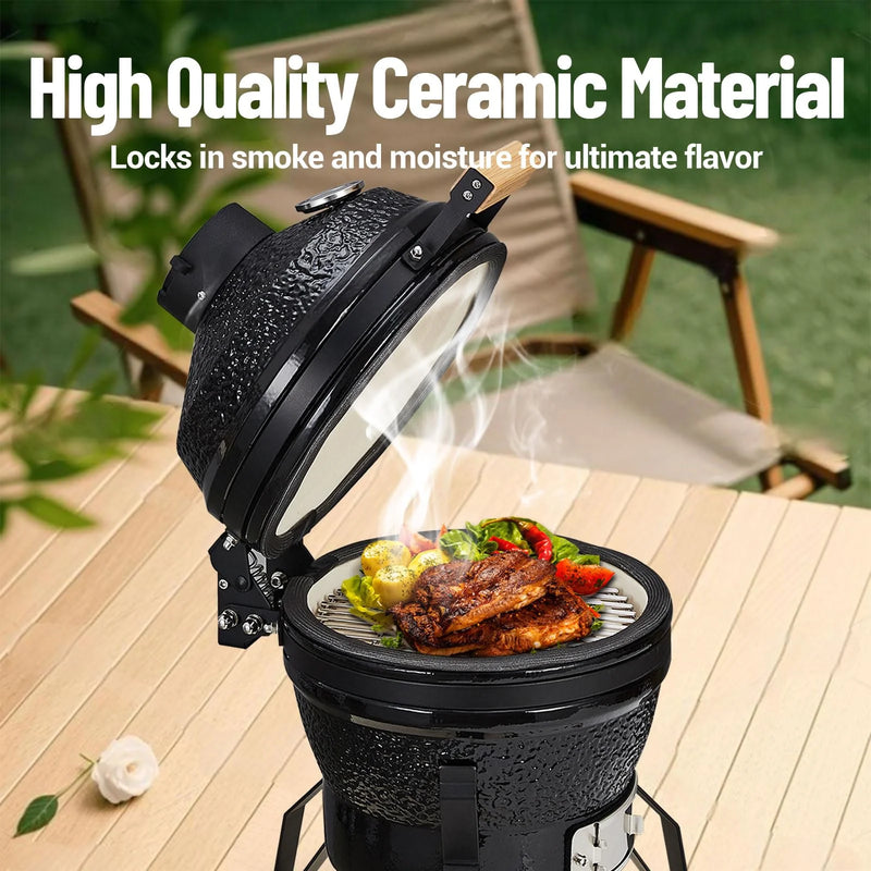 13-Inch Portable Ceramic Charcoal Grill with Stand, Egg-Shaped Design, 10.6-Inch Stainless Steel Cooking Grate, Heat Deflectors, and Ash Tool for Camping and Outdoor Grilling