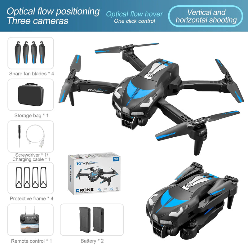 RC Drone with 4K Three Camera for Kids Adults, RC Quadcopter with LED, Path Planning, 2 Batteries, Carrying Case, Blue