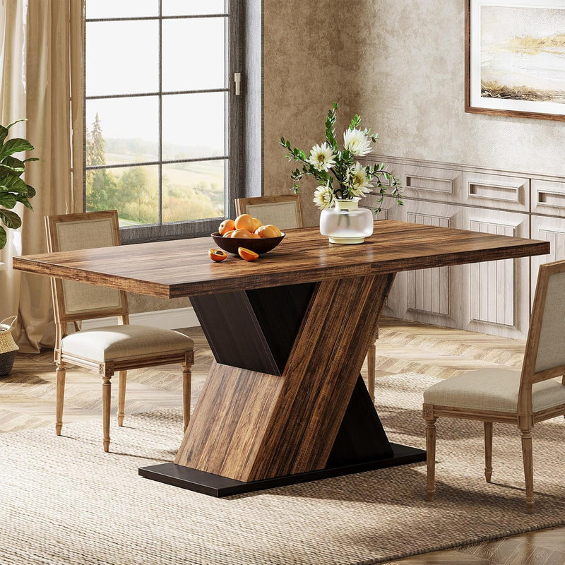 Farmhouse Dining Table for 4-6 People, 55-Inch Rectangle Kitchen Table, Wood Dining Room Table for Dining Room