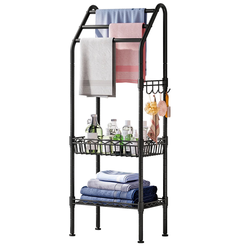 Metal 3 Tiers Free-Standing Towel Rack, Adjustable Bathroom Storage Organizer Shelf, Bath Towel Standing Shelf for Swimming Pool, Black