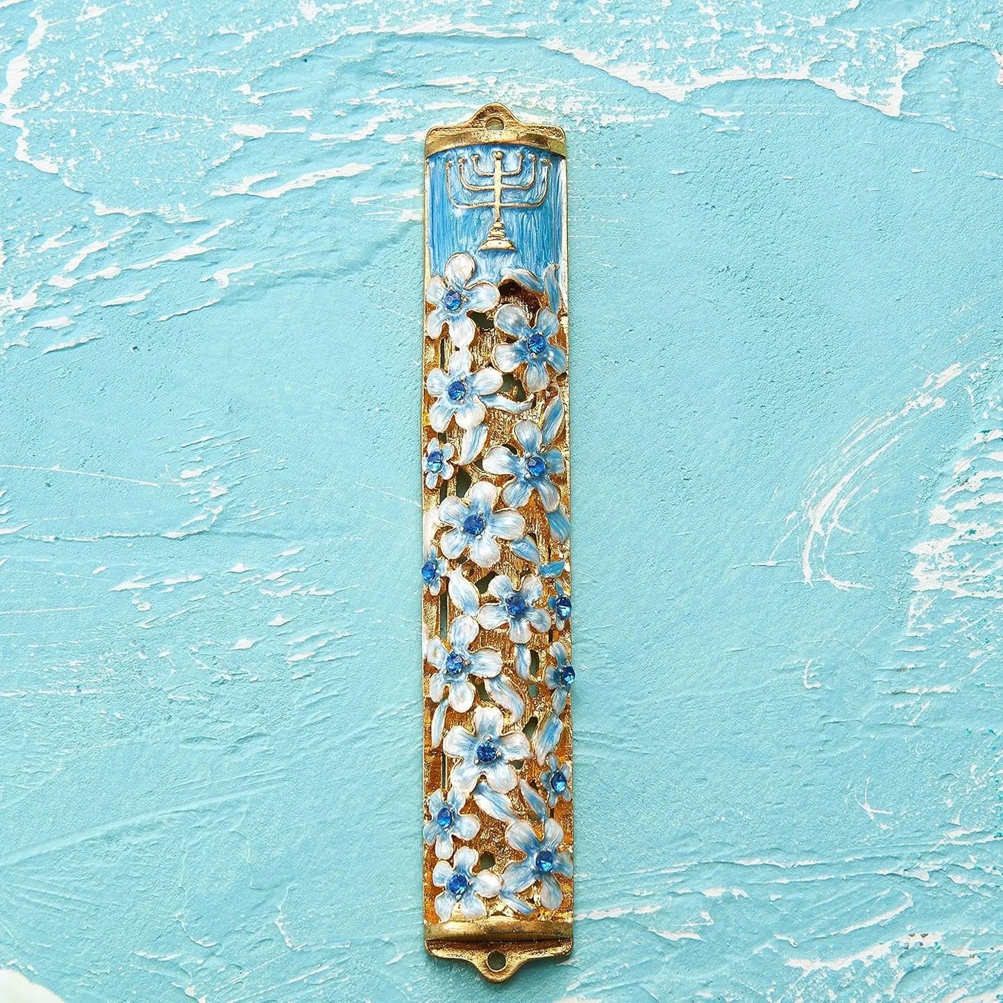 Hand Painted Blue and Ivory Enamel Flower Mezuzah Embellished with Gold Accents and Menorah Design Crystals Home Door Wall Decor Housewarming Present Gift for Festival(5.5 Inch)
