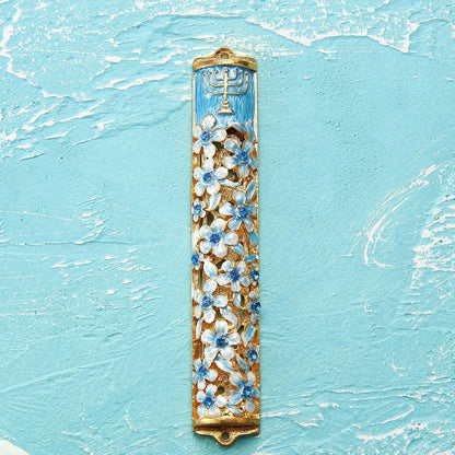 Hand Painted Blue and Ivory Enamel Flower Mezuzah Embellished with Gold Accents and Menorah Design Crystals Home Door Wall Decor Housewarming Present Gift for Festival(5.5 Inch)