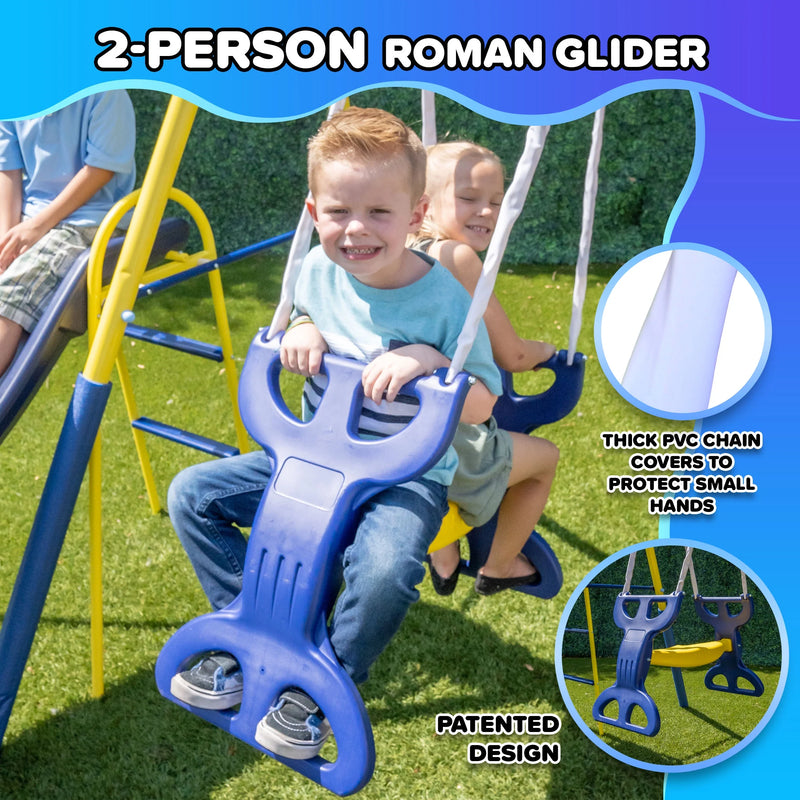 Elevate Playtime! 🌟 Super Star Metal Swing Set with Saucer & Glider Swings + Lifetime Warranty on Slide! Perfect for Kids 3-8! 🛝🎉