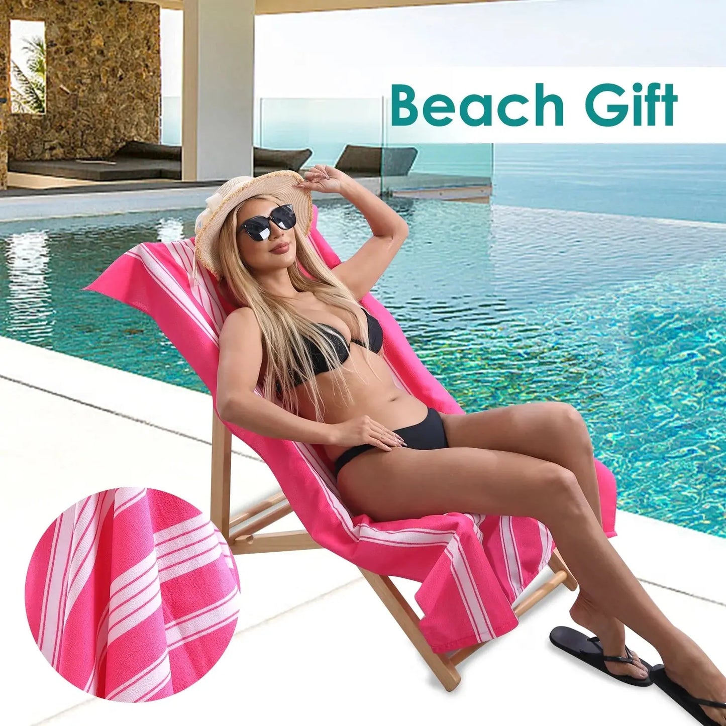 2 Pack Oversized Cabana Stripe Beach Towels, 60X30 Inches Microfiber Outdoor Large Swim Towel for Adults (Rose Red)