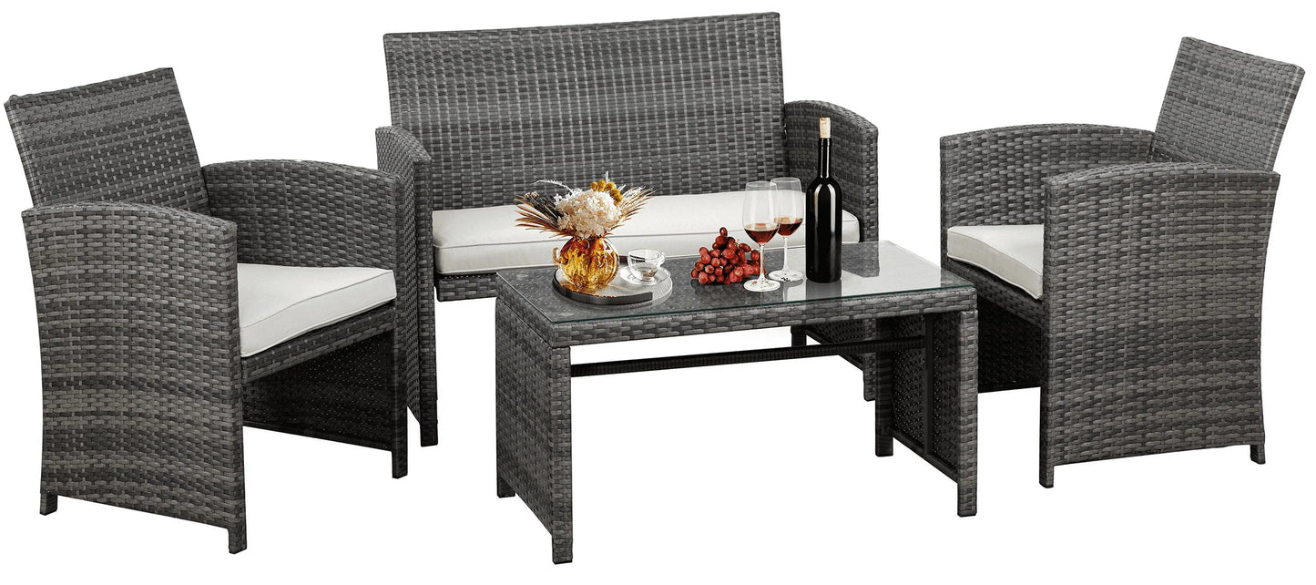 4-Piece Patio Rattan Furniture Set with Cushions & Tempered Glass Tabletop, White