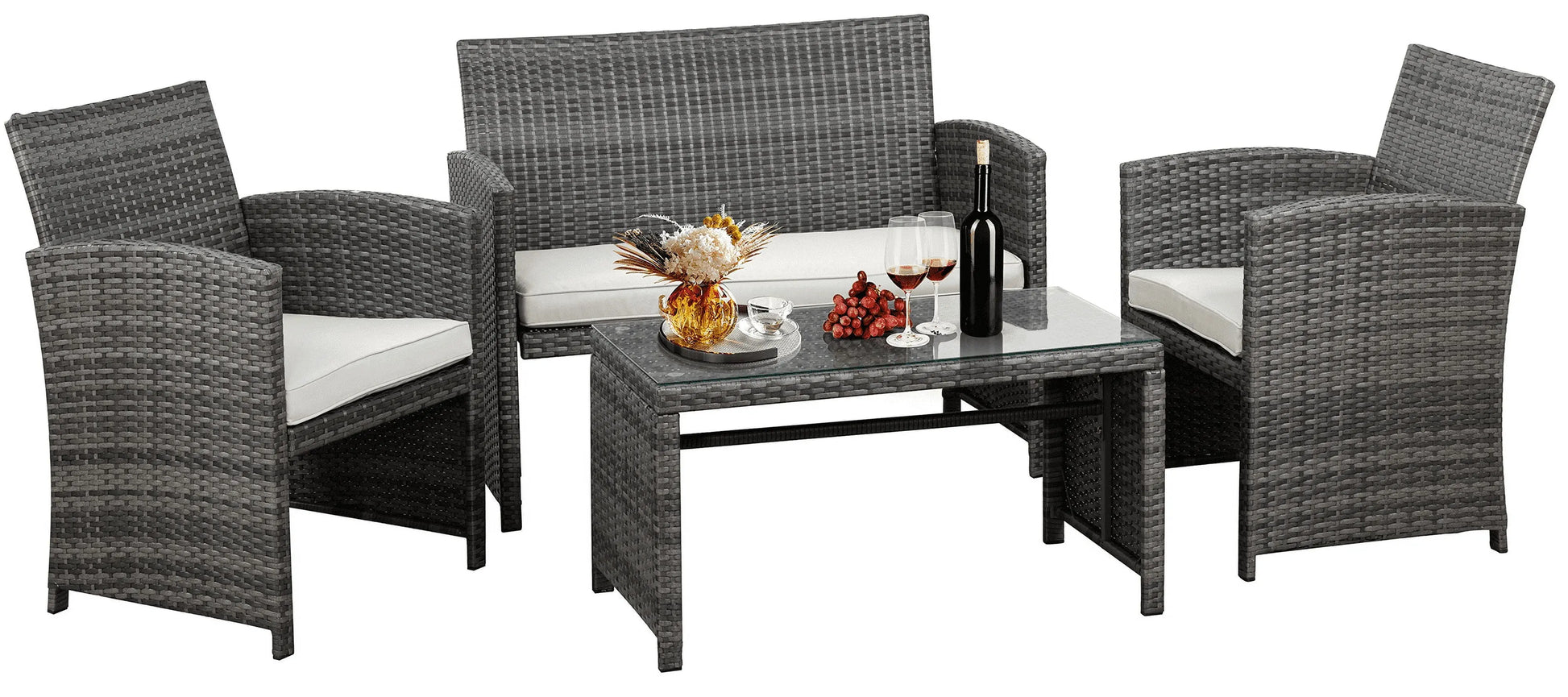 4-Piece Patio Rattan Furniture Set with Cushions & Tempered Glass Tabletop, White