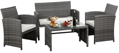 4-Piece Patio Rattan Furniture Set with Cushions & Tempered Glass Tabletop, White