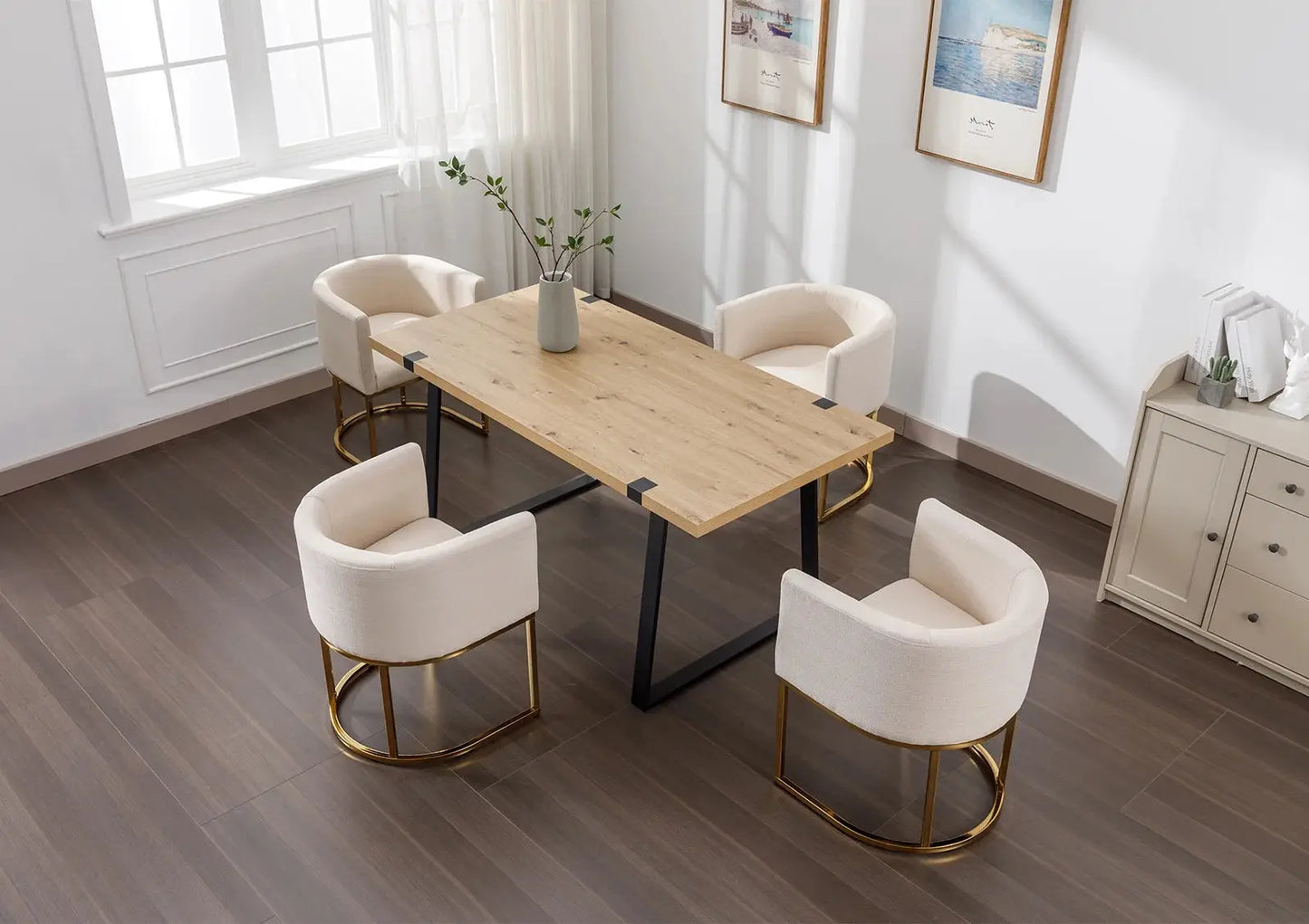 Modern Linen Dining Chair, Mid-Century Upholstered Barrel Kitchen Chairs Fabric Side Chair with Metal Legs and Curved Back for Living Room Dining Room Bedroom, Cream