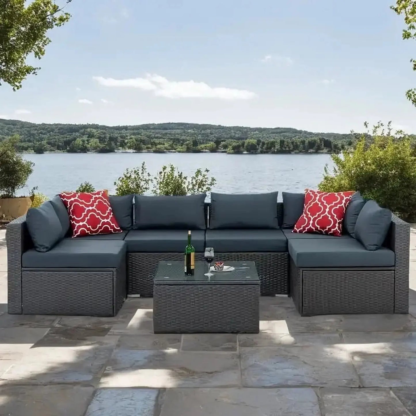 7 Piece Patio Furniture Sets Outdoor Sectional PE Rattan Outdoor Furniture Patio Conversation Set with Cushions and Glass Coffee Table, for Balcony Lawn and Garden, Dark Gray