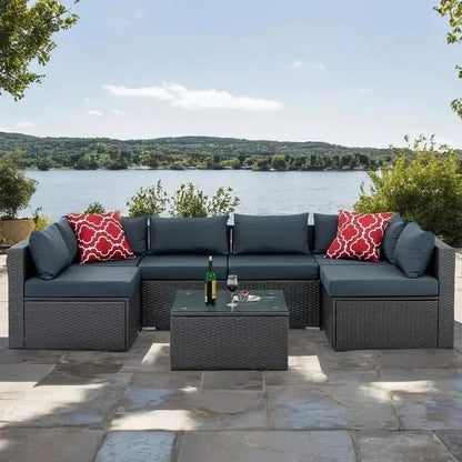 7 Piece Patio Furniture Sets Outdoor Sectional PE Rattan Outdoor Furniture Patio Conversation Set with Cushions and Glass Coffee Table, for Balcony Lawn and Garden, Dark Gray