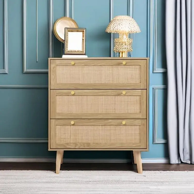 3 Drawer Dresser for Bedroom, Rattan Dresser Modern Wood Chest of Drawers with Spacious Storage for Bedroom Hallway Living Room, Rustic Oak, H0027