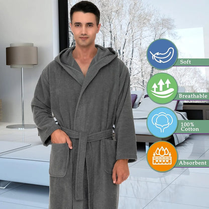 Mens Hooded Robe 100% Cotton Terry Cloth Towel Bathrobe Soft Shower Bath Robes for Men
