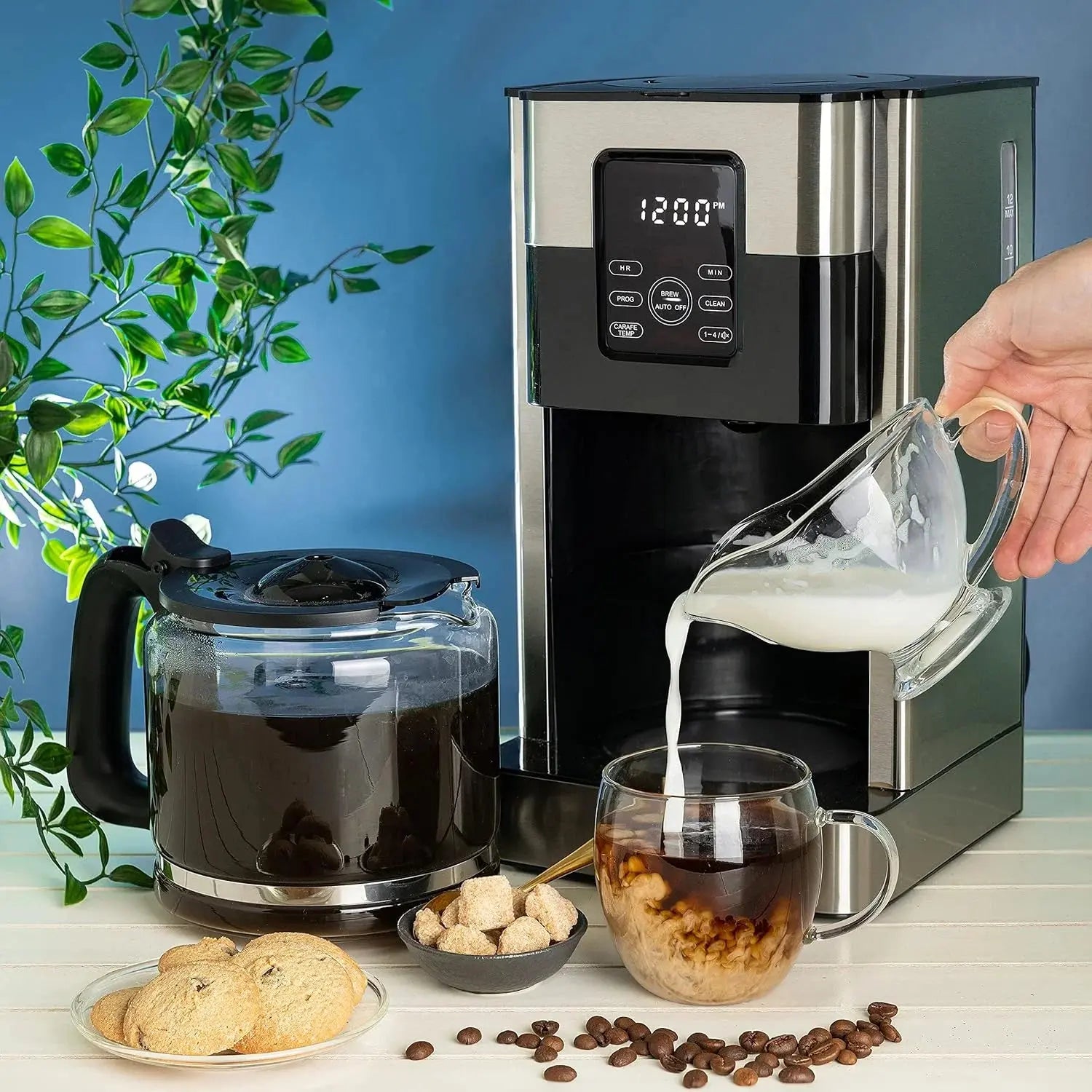 12-Cup Programmable Drip Coffee Maker with LCD Touch Display, Borosilicate Glass Carafe, Anti-Drip System, and Stainless Steel Finish