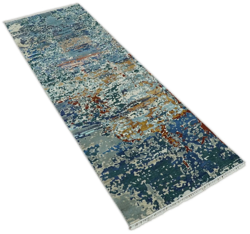 2.6x10 Fine Hand Knotted Blue Modern Abstract Wool and Silk Runner Area Rug | AGR12 The Rug Decor