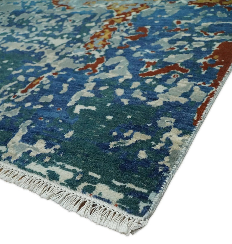 2.6x10 Fine Hand Knotted Blue Modern Abstract Wool and Silk Runner Area Rug | AGR12 The Rug Decor