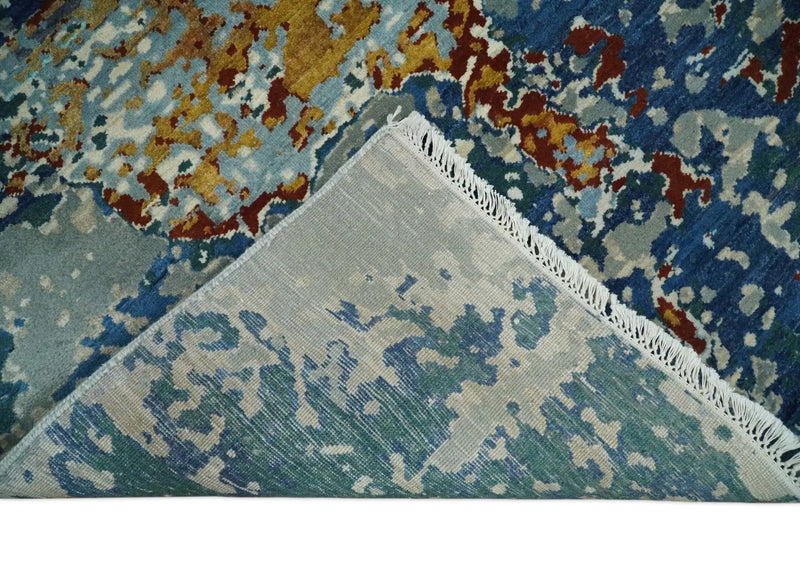 2.6x10 Fine Hand Knotted Blue Modern Abstract Wool and Silk Runner Area Rug | AGR12 The Rug Decor