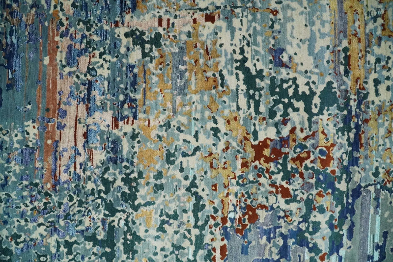 2.6x10 Fine Hand Knotted Blue Modern Abstract Wool and Silk Runner Area Rug | AGR12 The Rug Decor