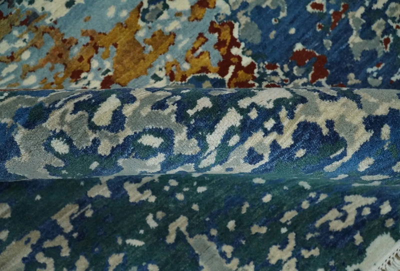 2.6x10 Fine Hand Knotted Blue Modern Abstract Wool and Silk Runner Area Rug | AGR12 The Rug Decor
