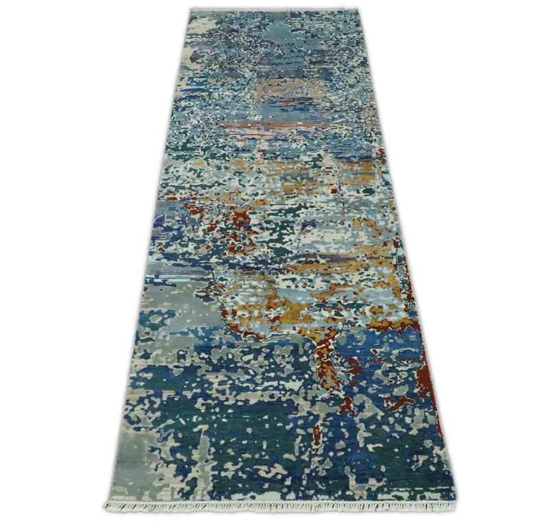 2.6x10 Fine Hand Knotted Blue Modern Abstract Wool and Silk Runner Area Rug | AGR12 The Rug Decor