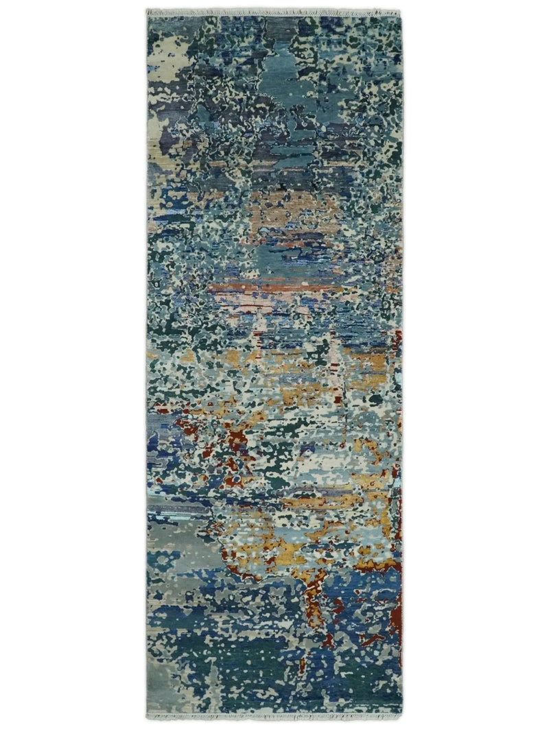 2.6x10 Fine Hand Knotted Blue Modern Abstract Wool and Silk Runner Area Rug | AGR12 The Rug Decor