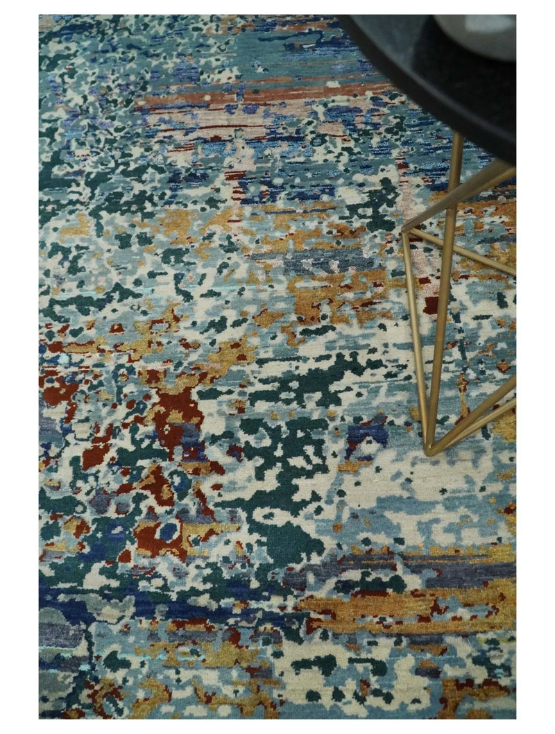 2.6x10 Fine Hand Knotted Blue Modern Abstract Wool and Silk Runner Area Rug | AGR12 The Rug Decor