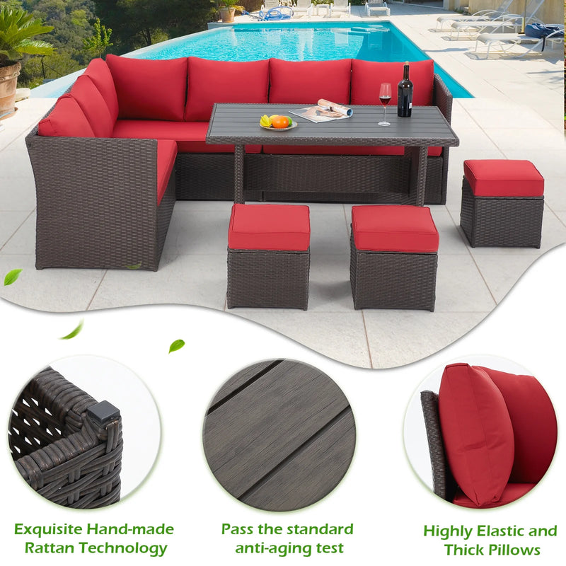 7 Piece Patio Conversation Set, Outdoor Sectional Sofa Rattan Wicker Dining Furniture, Red