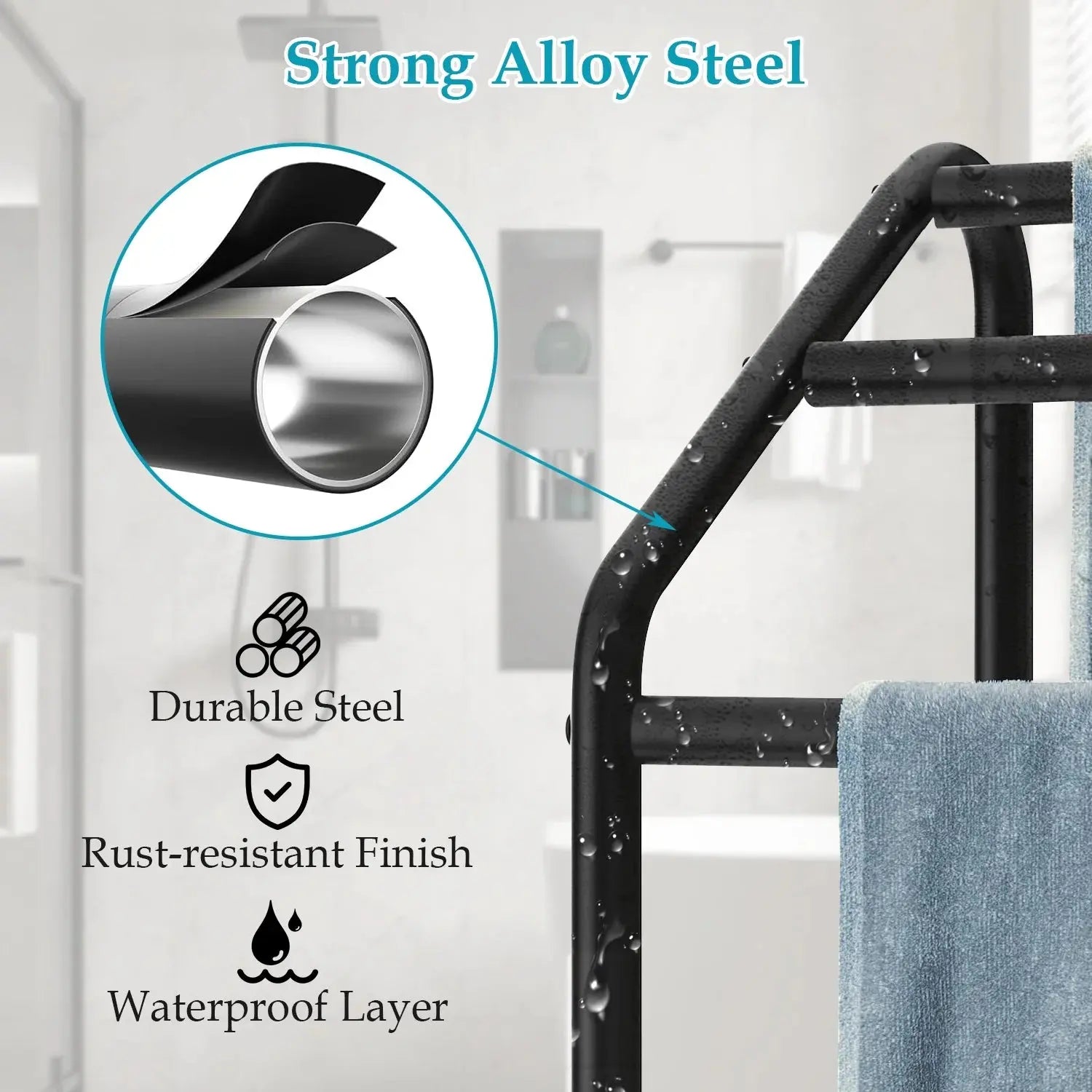 Metal 3 Tiers Free-Standing Towel Rack, Adjustable Bathroom Storage Organizer Shelf, Bath Towel Standing Shelf for Swimming Pool, Black