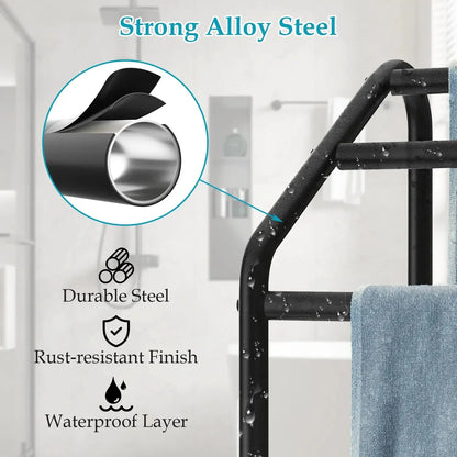 Metal 3 Tiers Free-Standing Towel Rack, Adjustable Bathroom Storage Organizer Shelf, Bath Towel Standing Shelf for Swimming Pool, Black