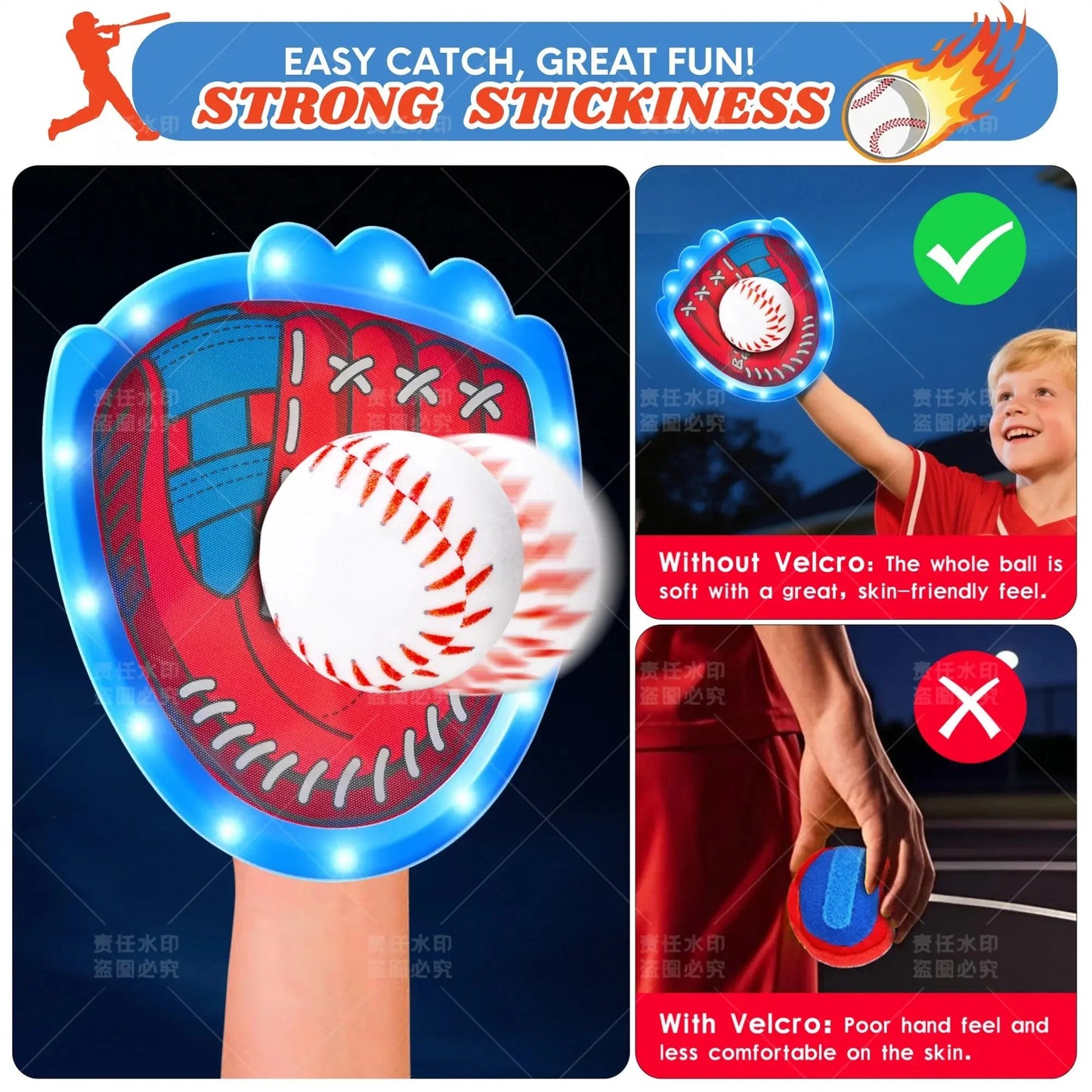 Toss and Catch Velcro Ball Set - LED Baseball Training Glove & Catch Ball Toys for Kids, Toddler Baseball Glove Set with 5 Balls, Outdoor Toys for Kids Ages 3-8