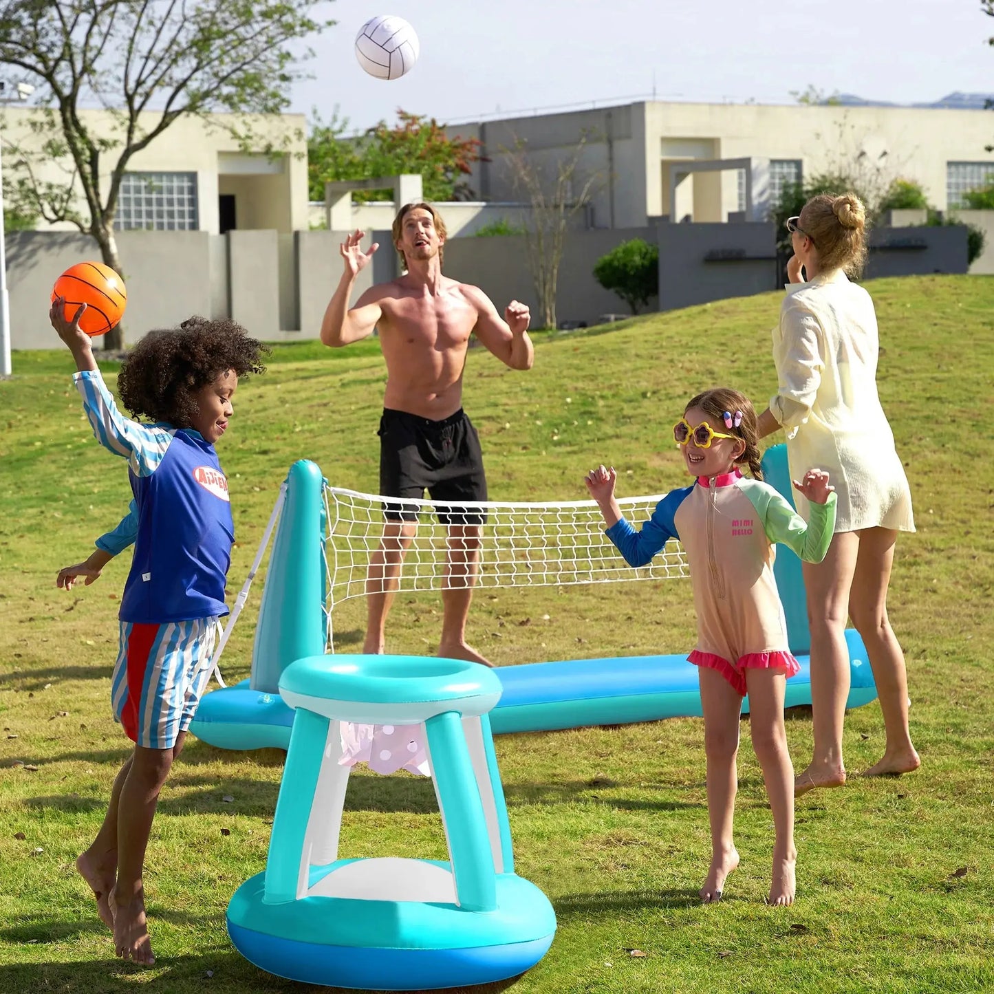 Inflatable Pool Float Game Set with Inflatable Volleyball Net & Basketball Hoops, Summer Pool Game for Kids and Adults