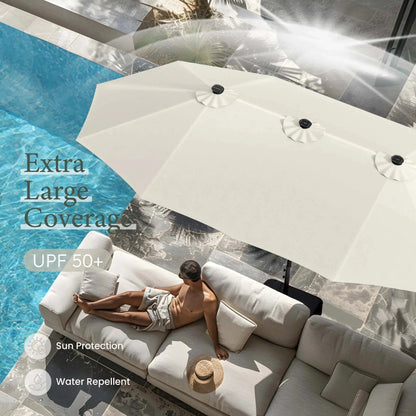 15Ft Double-Sided Solar Patio Umbrella with Base (Included) Large Outdoor Umbrella with Solar Lights - Ivory