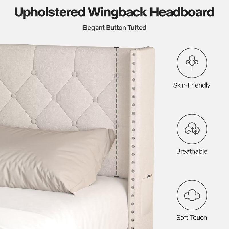 Full Size Bed Frame with Led Lights, Upholstered Velvet Platform Bed Frames with Button Tufted Wingback Headboard and Footboard, Wooden Slats Support, No Box Spring Needed, Beige