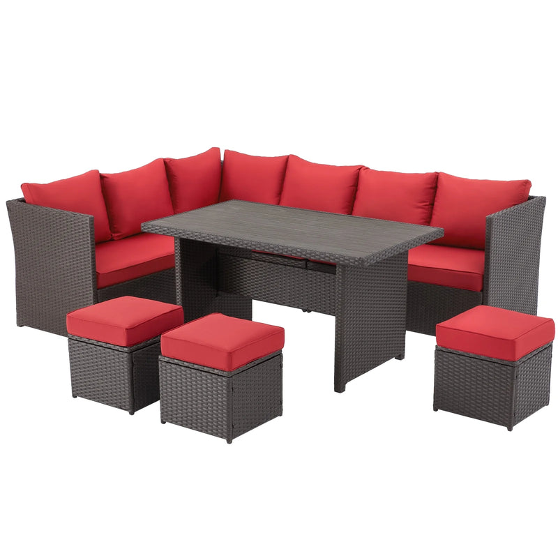 7 Piece Patio Conversation Set, Outdoor Sectional Sofa Rattan Wicker Dining Furniture, Red