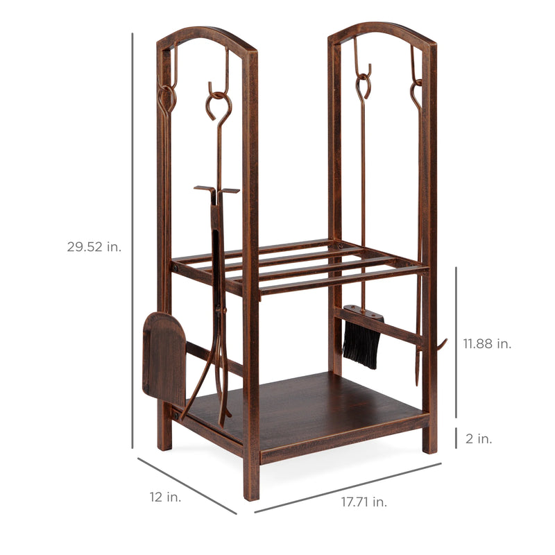 5-Piece Firewood Log Rack Holder Tools Set for Fireplace W/ Hook, Broom, Shovel, Tongs - Copper
