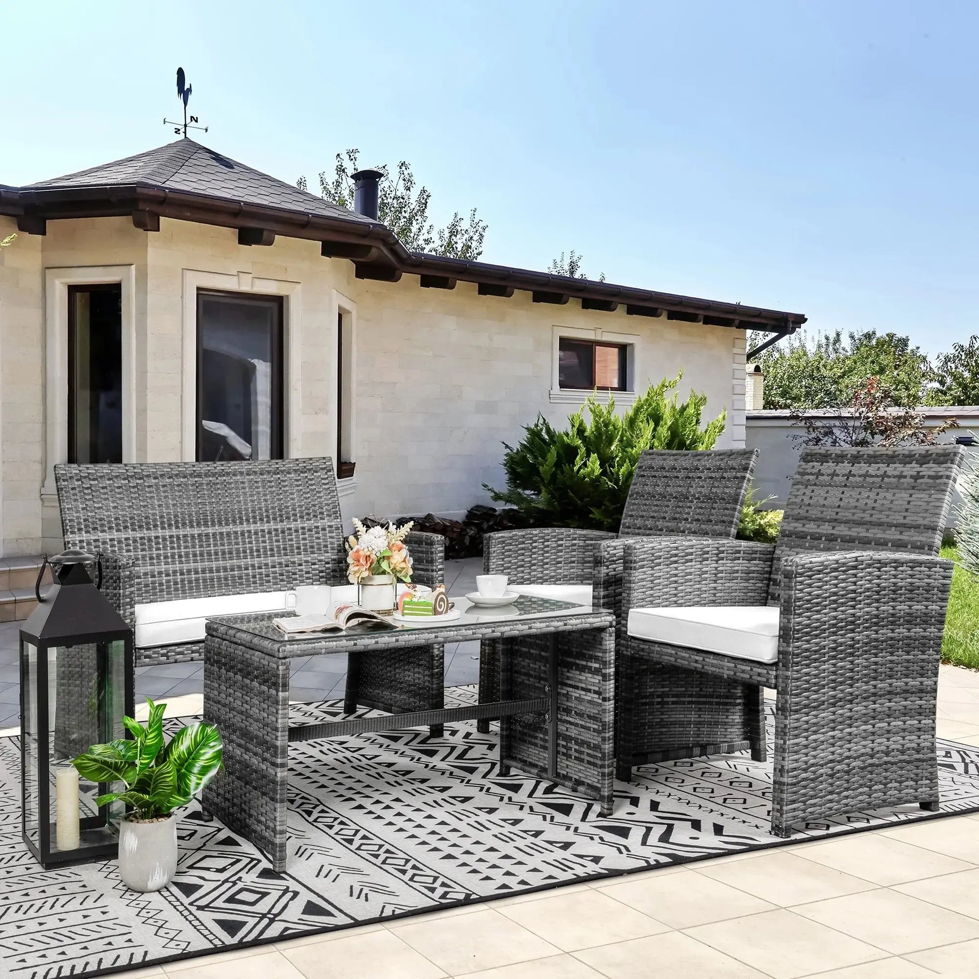 4-Piece Patio Rattan Furniture Set with Cushions & Tempered Glass Tabletop, White