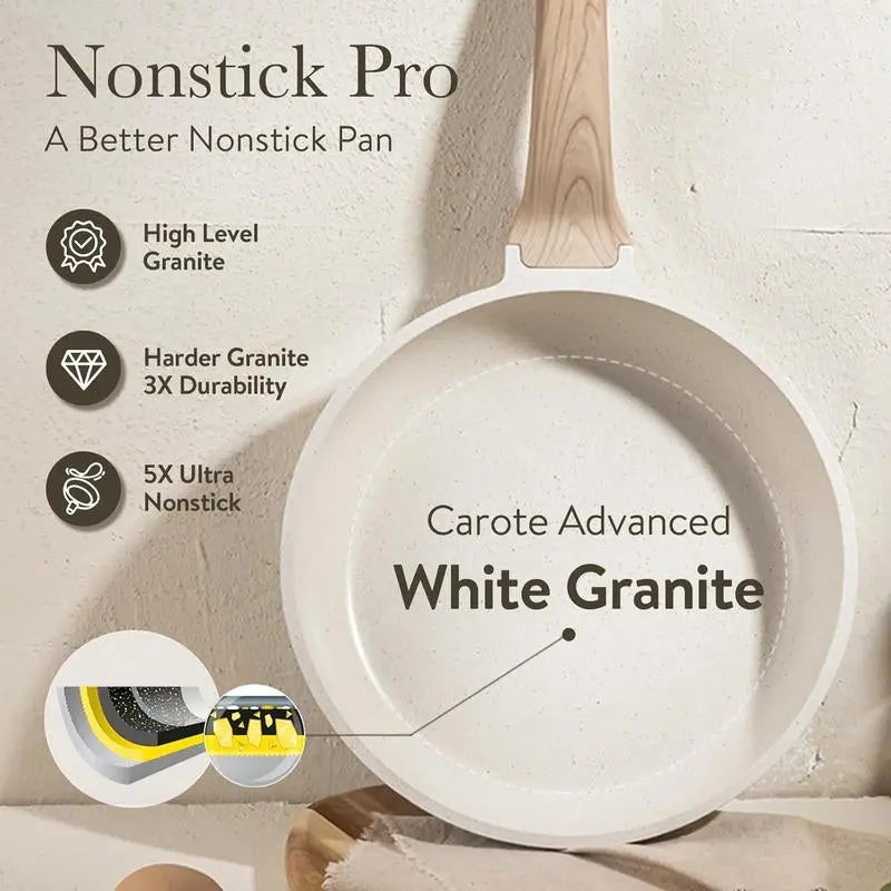 14-Piece Nonstick Pots and Pans Set – Complete Kitchen Cookware with Utensils and Pan Protectors, Black Design Cooking Home Modern Wooden Ceramic