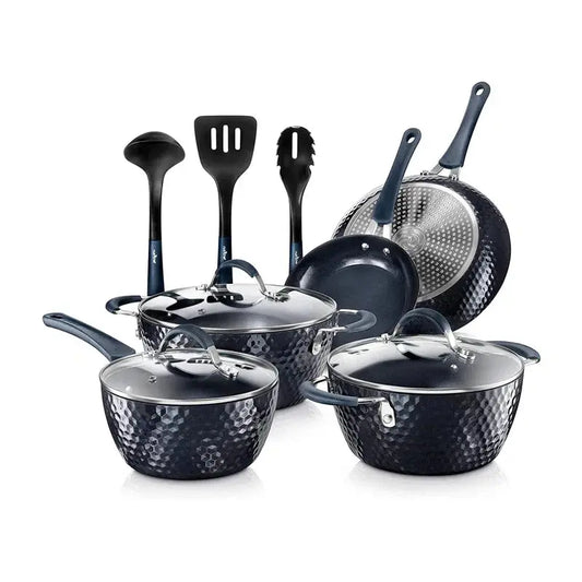 Excilon 11-Piece Premium Non-Stick Aluminum Cookware Set with Elegant Diamond-Line Design and Heat-Resistant Utensils
