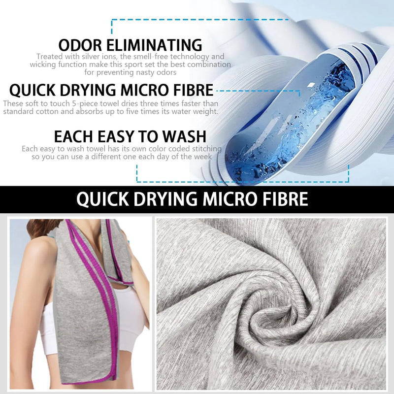 5 Pack Microfiber Gym Towels for Working Out, 16" X 26.8", Silver ION Odor-Free Absorbent Fiber, Fast Drying and Quick Dry Towels for Body Sweat, Working Out