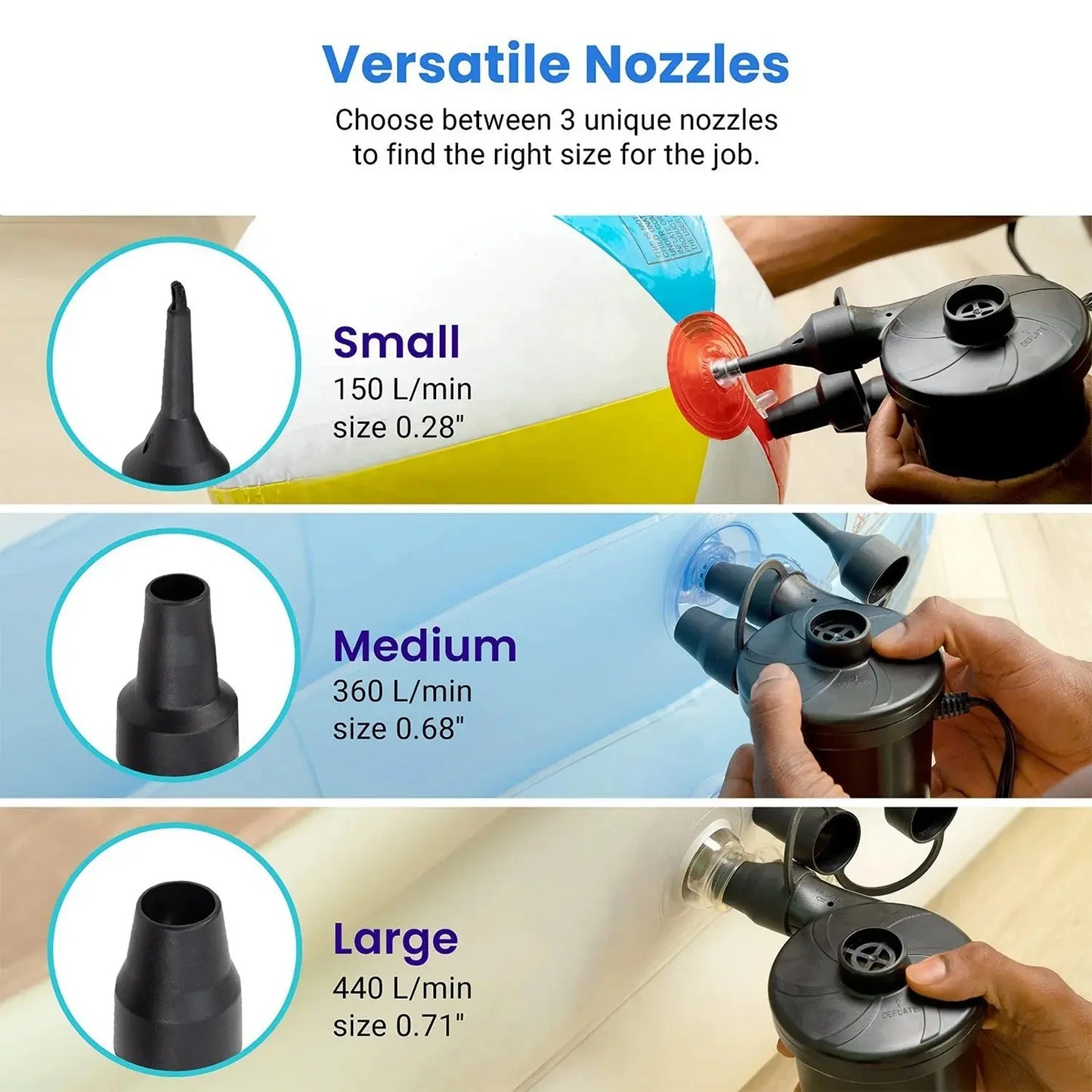 Electric Air Pump Air Mattress Portable Pump for Inflatables Couch, Pool Floats, Blow up Pool Raft Bed Boat Toy, Quick-Fill AC Inflator Deflator with 3 Nozzles, One Size, Black