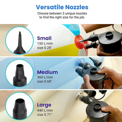 Electric Air Pump Air Mattress Portable Pump for Inflatables Couch, Pool Floats, Blow up Pool Raft Bed Boat Toy, Quick-Fill AC Inflator Deflator with 3 Nozzles, One Size, Black