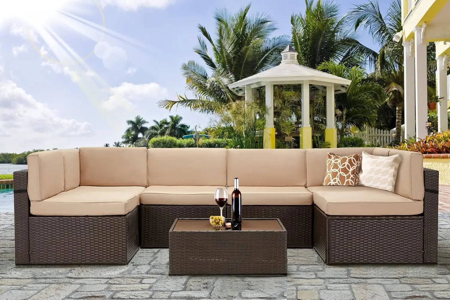 7-Piece Outdoor Patio Furniture Set with PE Rattan Wicker Sofa, Cushions, and Tea Table in Brown