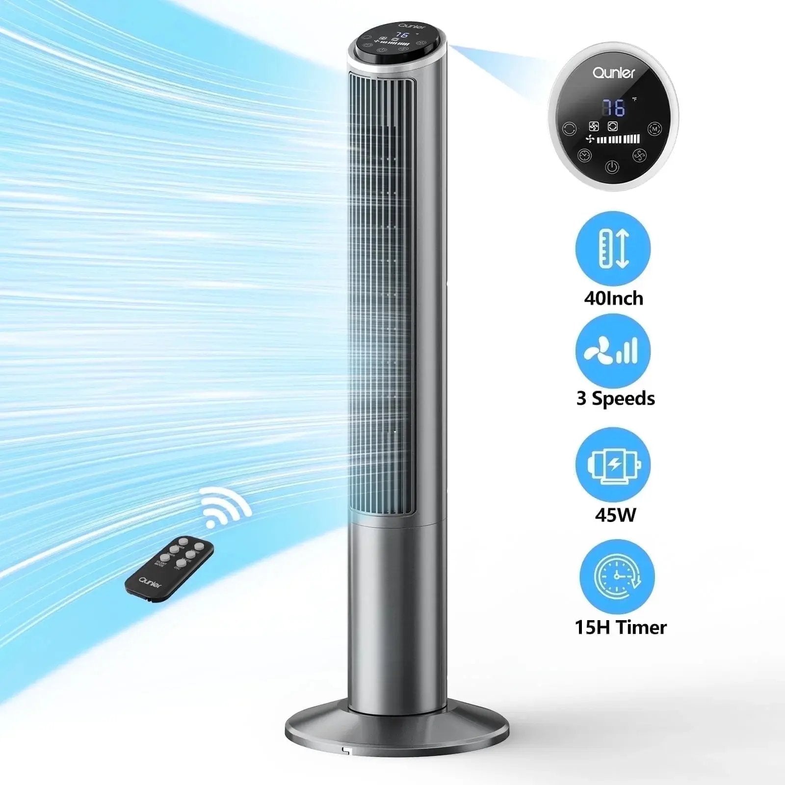 Tower Fan with Remote, 40" Bladeless Fan for Home, 70° Oscillation, 3 Speeds, 2 Modes, 15H Timer Quiet AC Motor Floor Fan for Bedroom, Office, Gray
