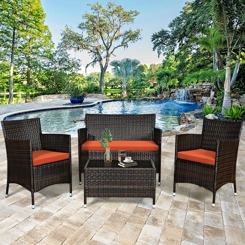 4PCS Patio Rattan Conversation Furniture Set Outdoor W/ Orange Cushion