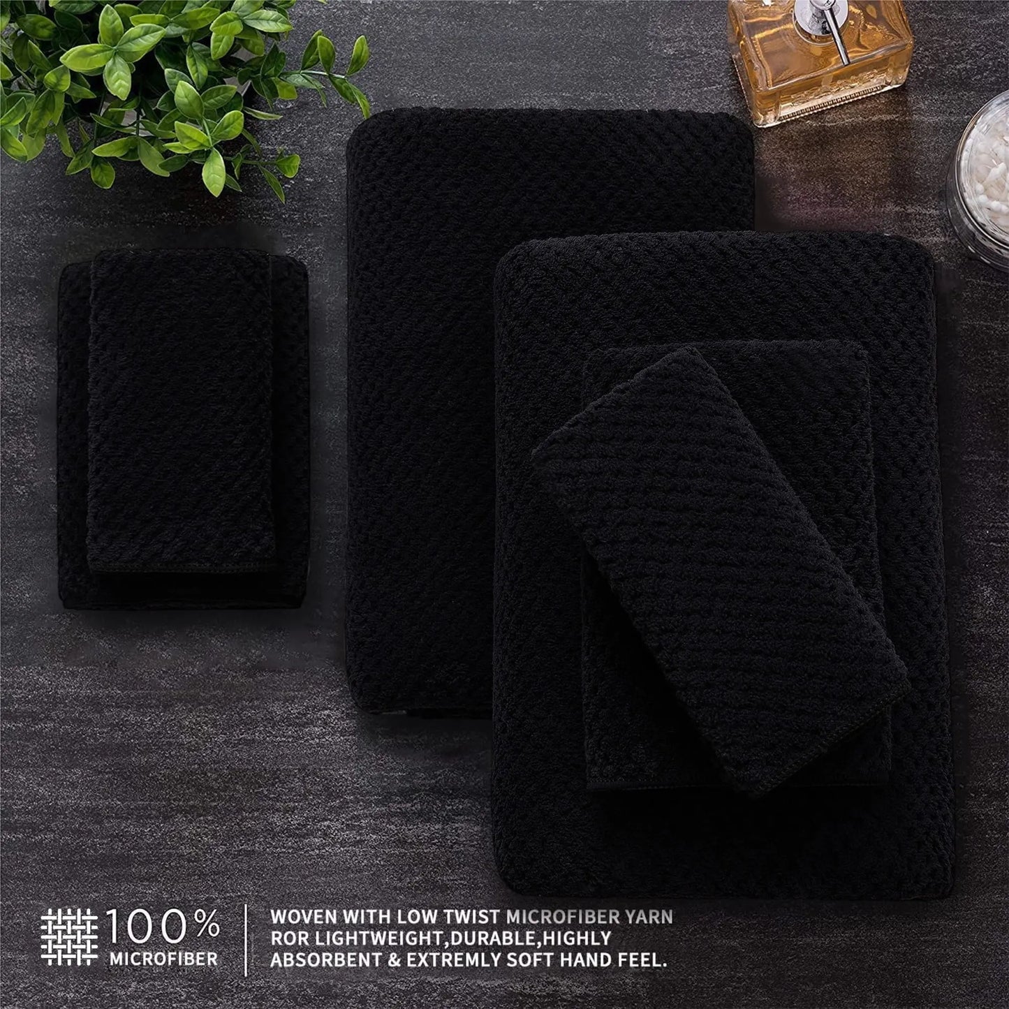 8 Piece Towel Set Oversized Soft Cozy Towels 600 GSM Black Plush Towel Set