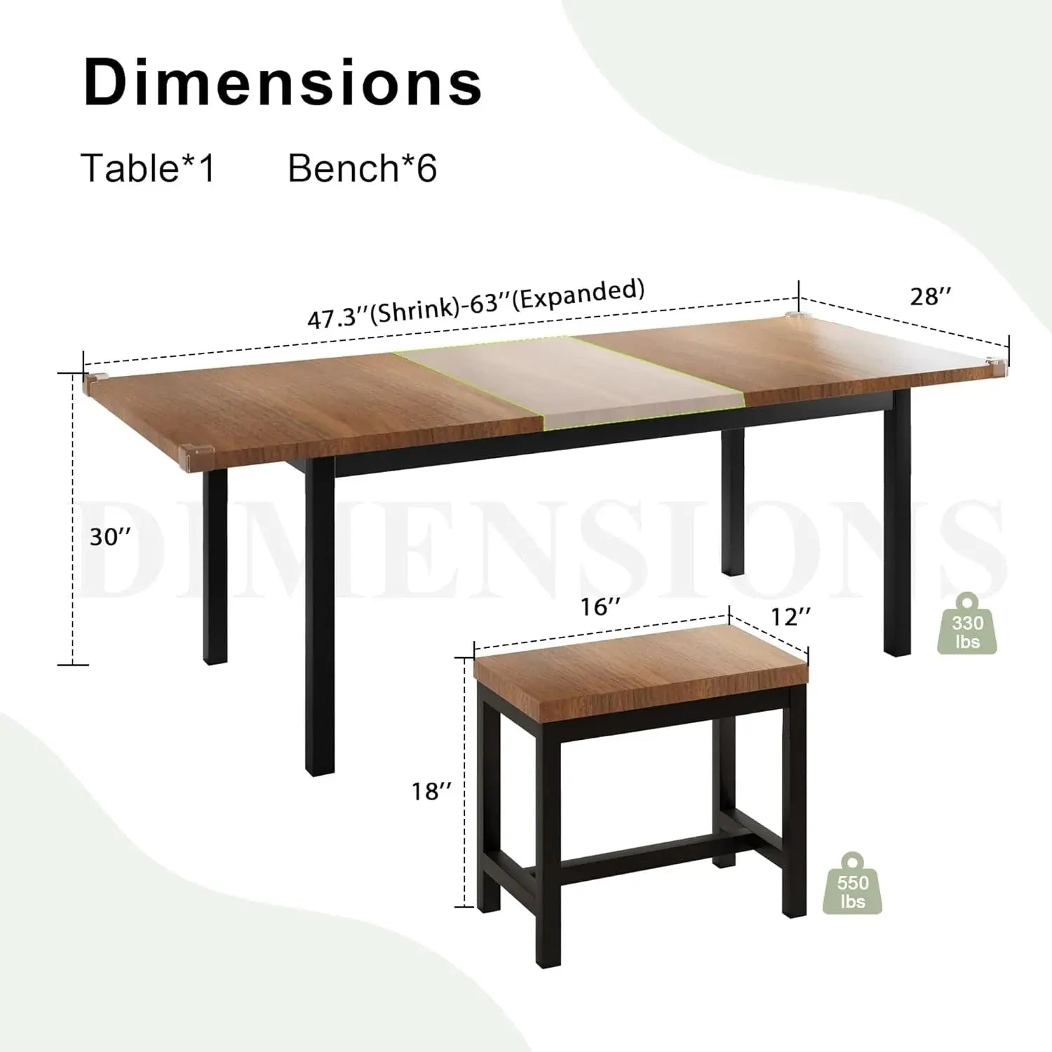 Dining Table Set, 7-Piece Extendable Table from 63" Large Extendable Kitchen Table Set for 4-8 People, Mid-Century Dining Room Table with 6 Square Stools,Walnut